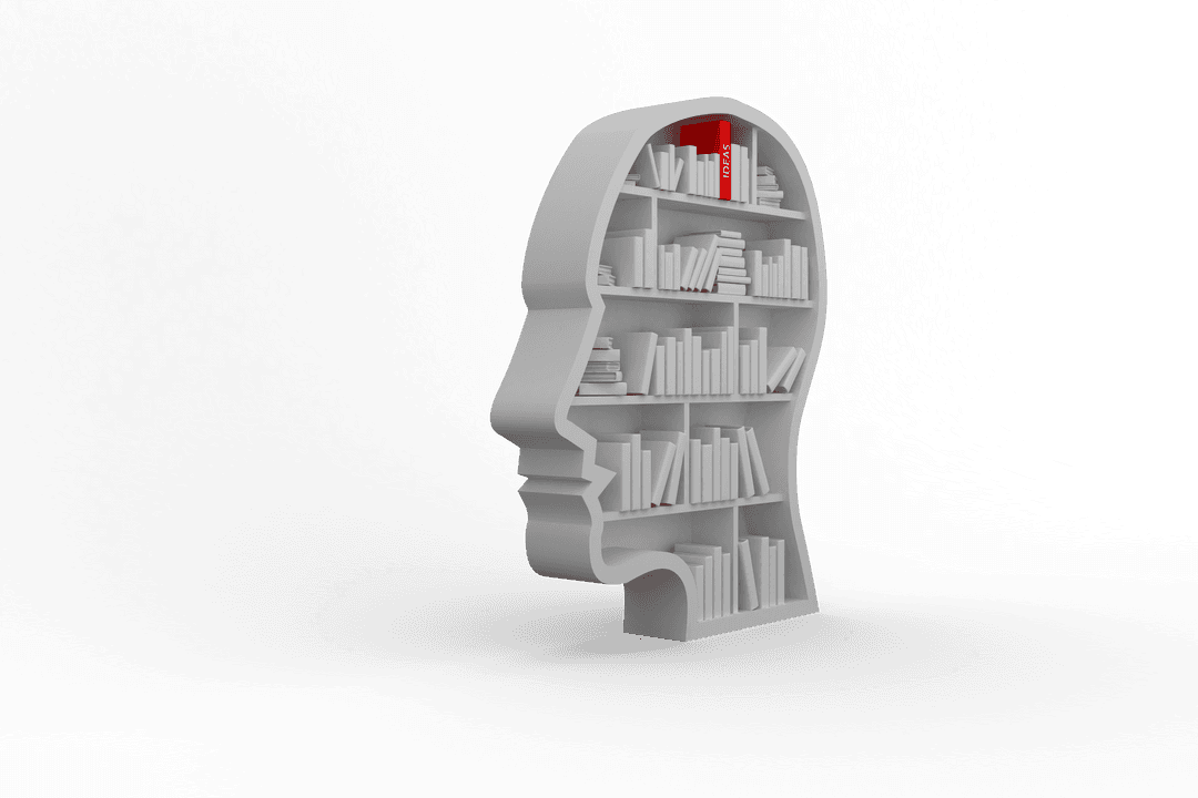 Transparent Human Head Shaped Bookcase with Highlighted Red Book
