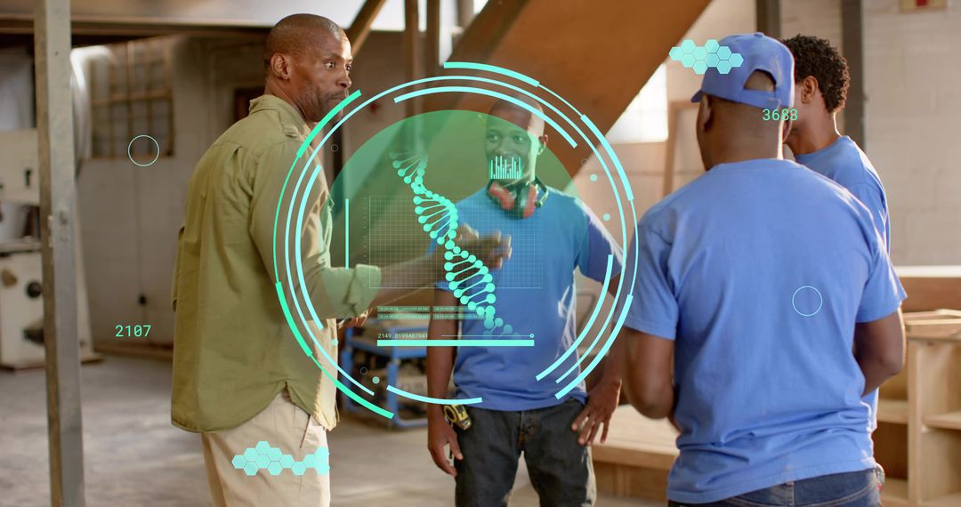 Woodshop Team Fist-Bumping with Supervisor and DNA Hologram Symbolizing Innovation