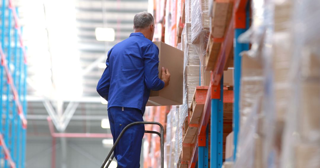 Warehouse Laborer Arranging Boxes on Ladder - Free Images, Stock Photos and Pictures on Pikwizard.com