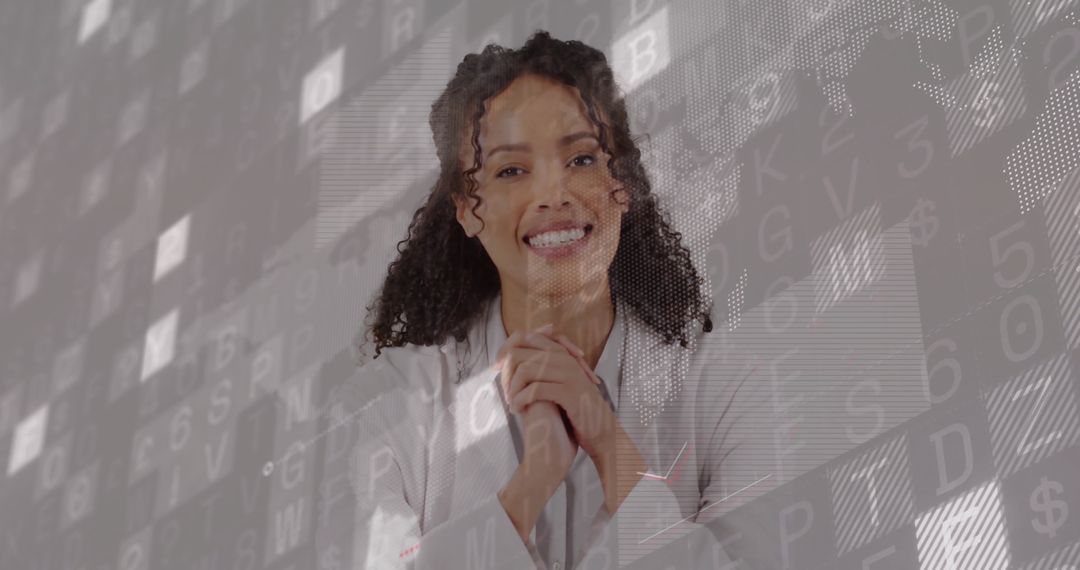 Smiling Female Scientist in Futuristic Digital Interface