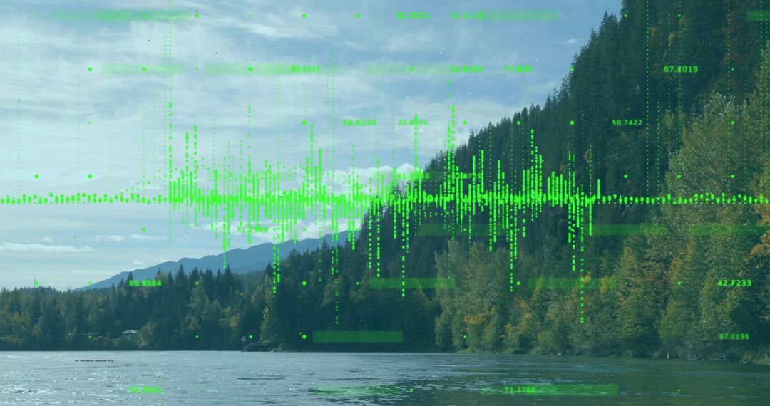 Green Digital Data Overlay Against Serene Lake and Mountain Landscape