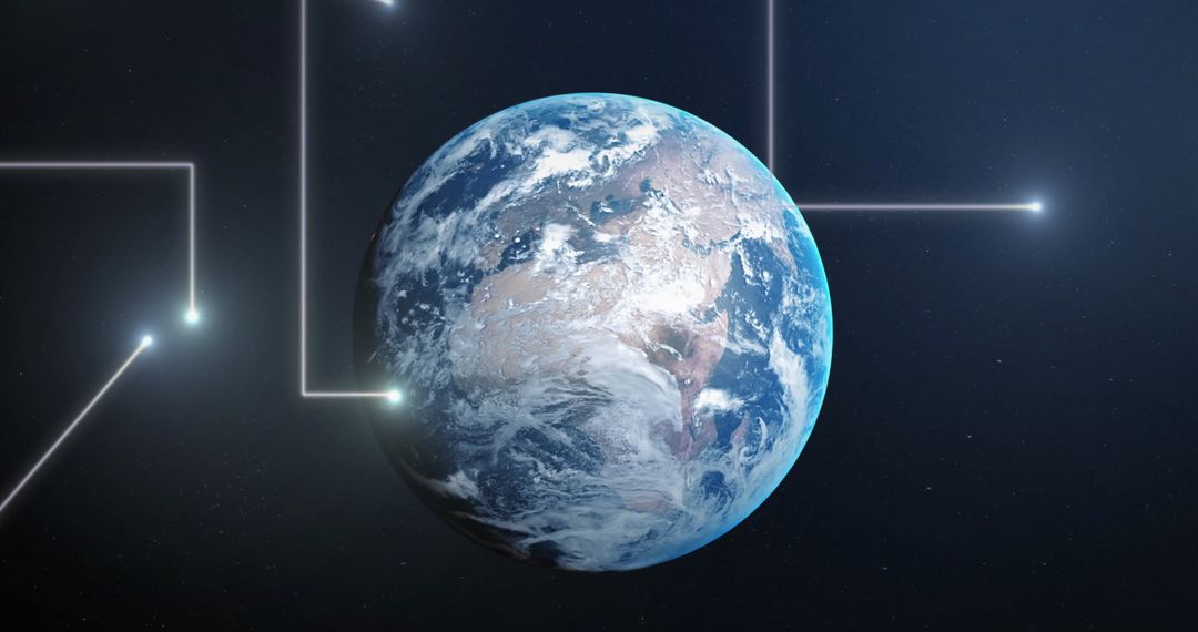 Digital Light Trails Surrounding Planet Earth on Blue Background