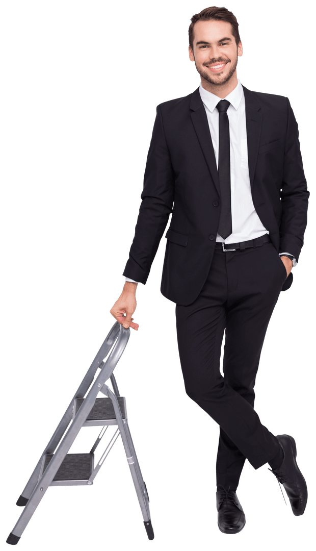 Smiling Businessman Leaning on Transparent Stepladder