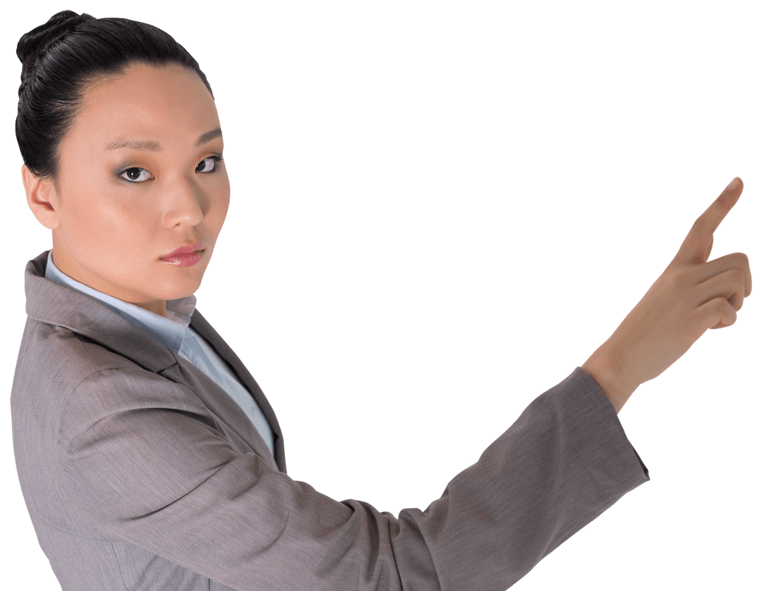 Determined Asian Businesswoman Pointing Up Transparent Background