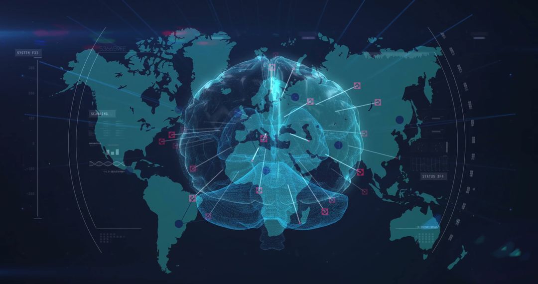 Digital Brain Overlay on World Map Representing Global Connectivity