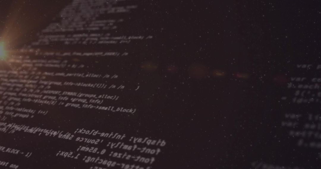 Holographic code projection with diagonal monospaced lines, lens flare and cosmic grain