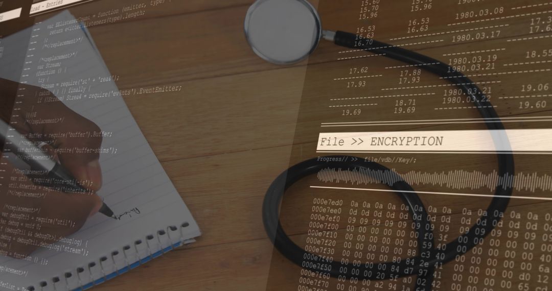 Doctor Writing Notes with Code Overlay Representing Secure Digital Data