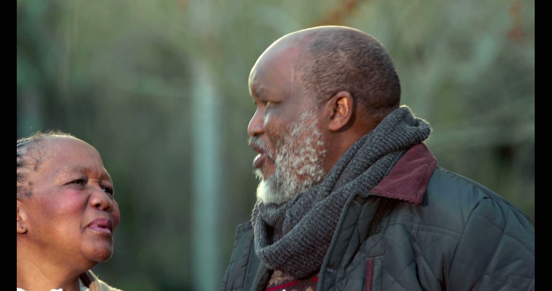 Middle-Aged African American Couple Conversing Outdoors