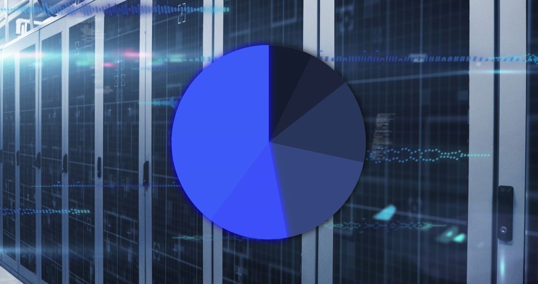 Pie Chart Overlay on Modern Server Room Illustrating Data Analytics