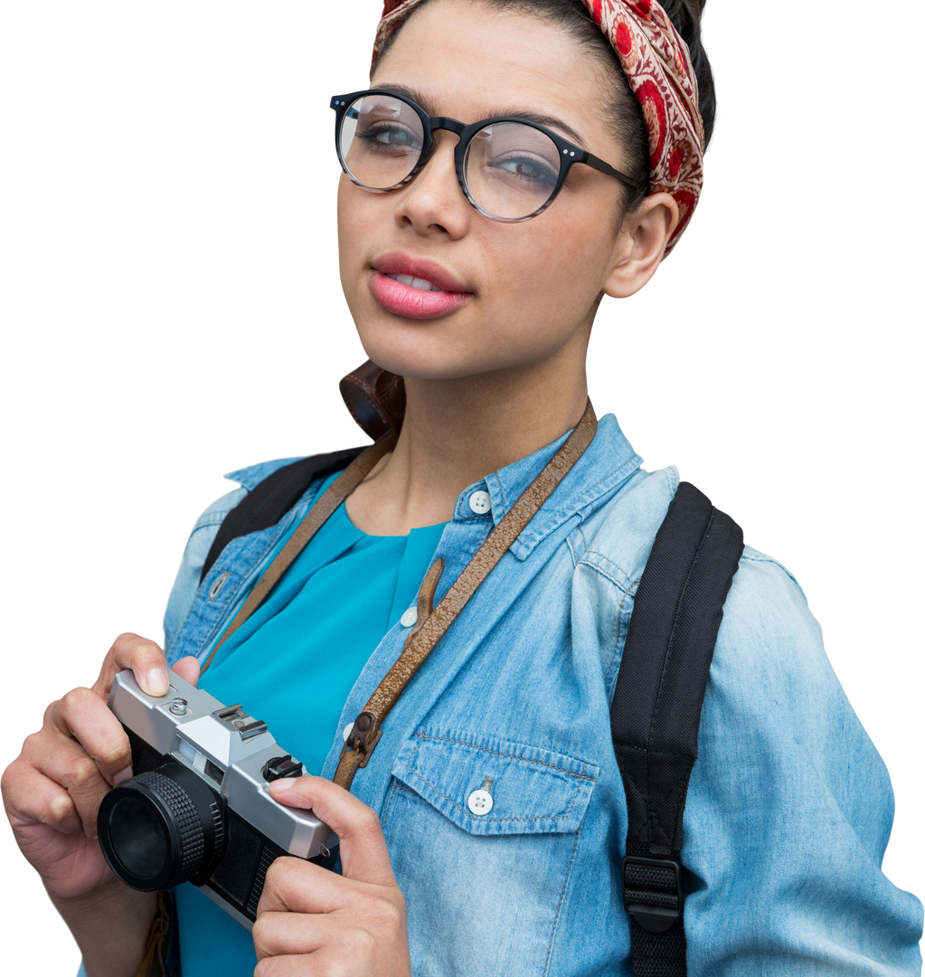 Young Female Photographer Standing with Classic Camera on Transparent Background - Download Free Stock Images Pikwizard.com