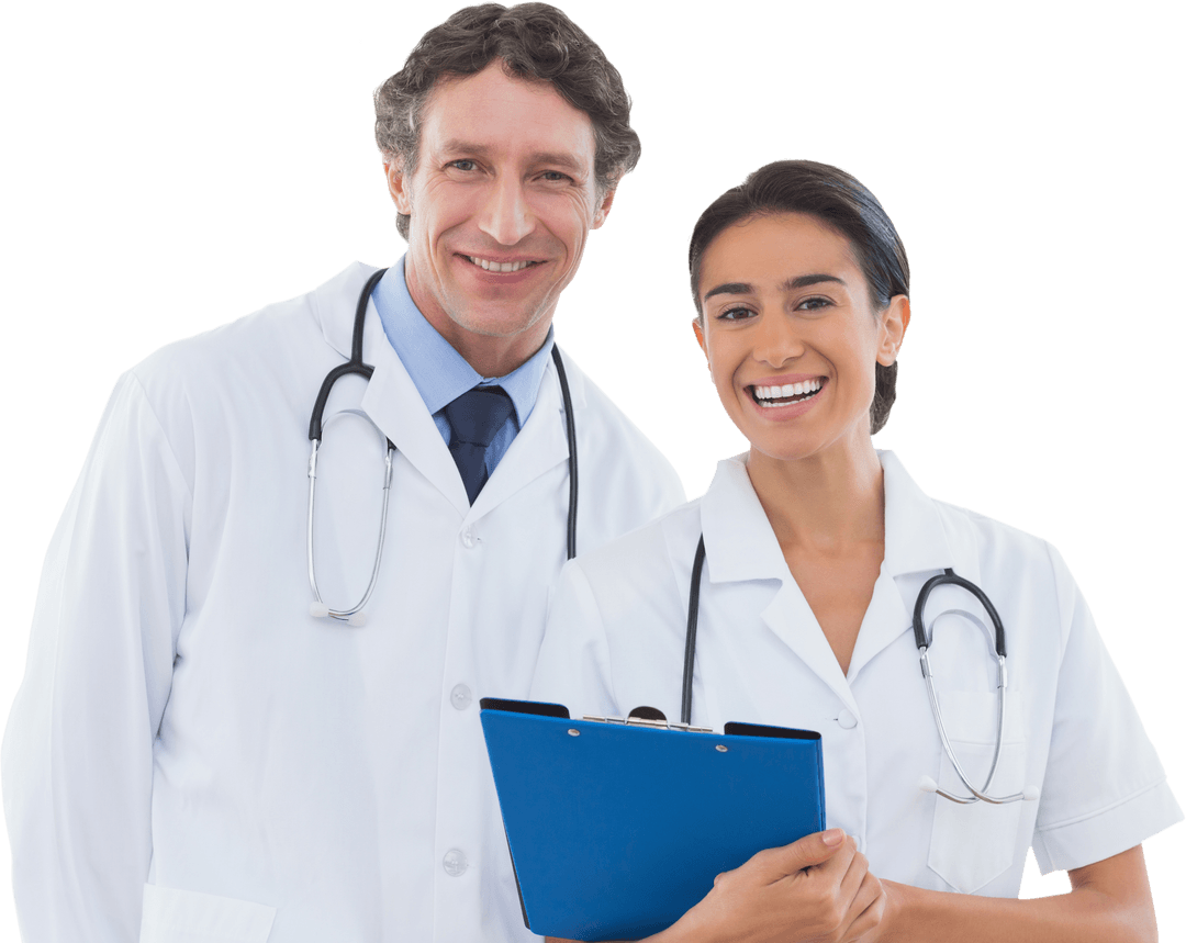 Happy Diverse Doctors with Clipboard on Transparent Background