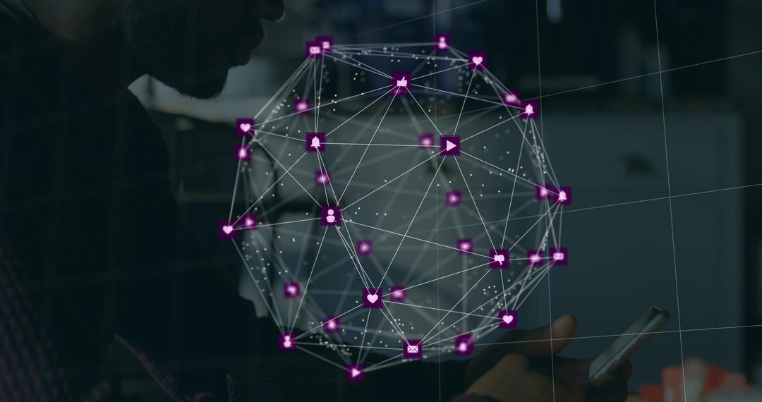 Digital Network Sphere with Icons Around Smartphone User