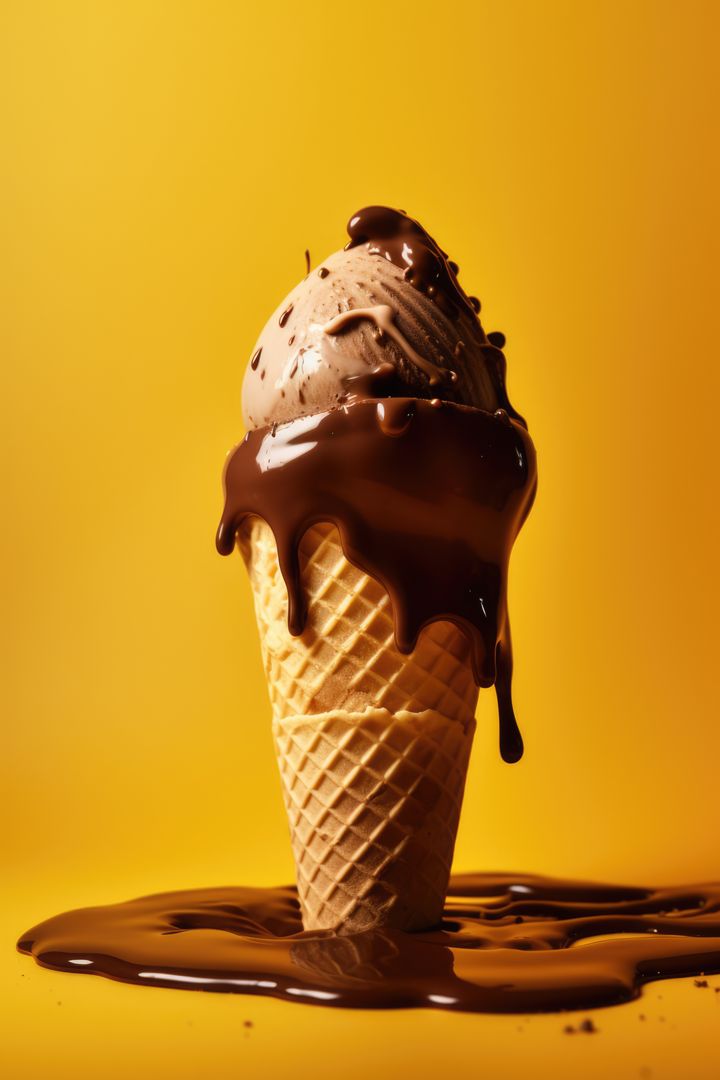 Chocolate ice cream in cone on yellow background, created using generative ai technology - Free Images, Stock Photos and Pictures on Pikwizard.com