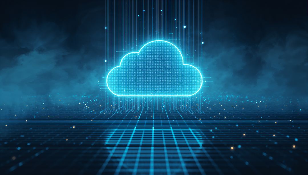 Futuristic Neon Cloud Icon with Streaming Data Lines