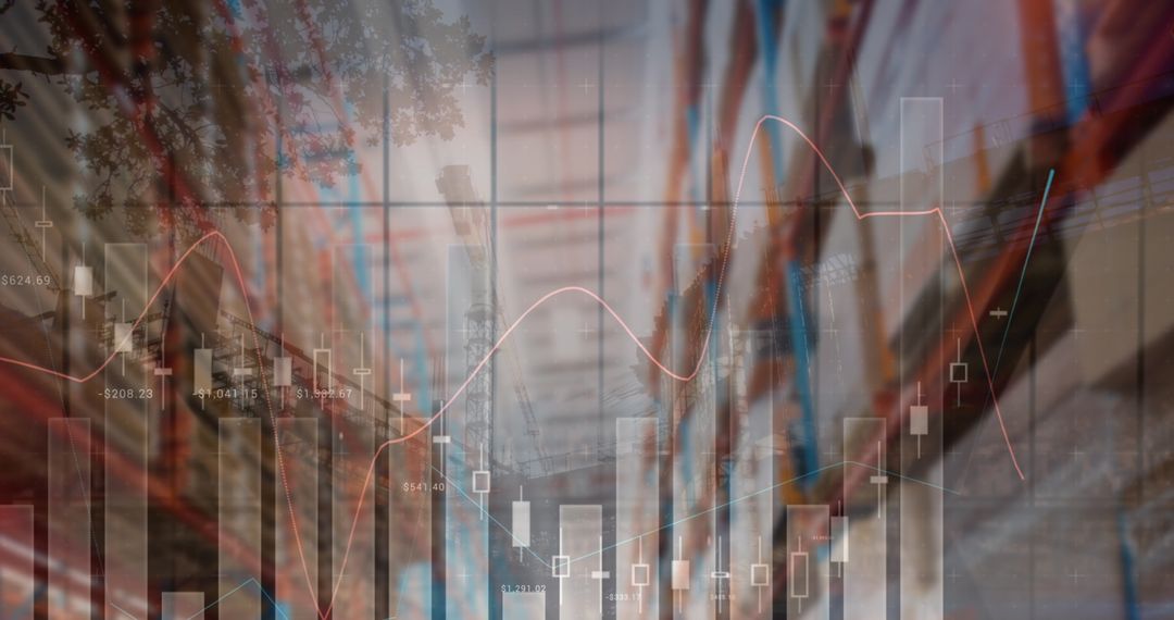Financial Data Overlay on Empty Warehouse Symbolizing Global Logistics