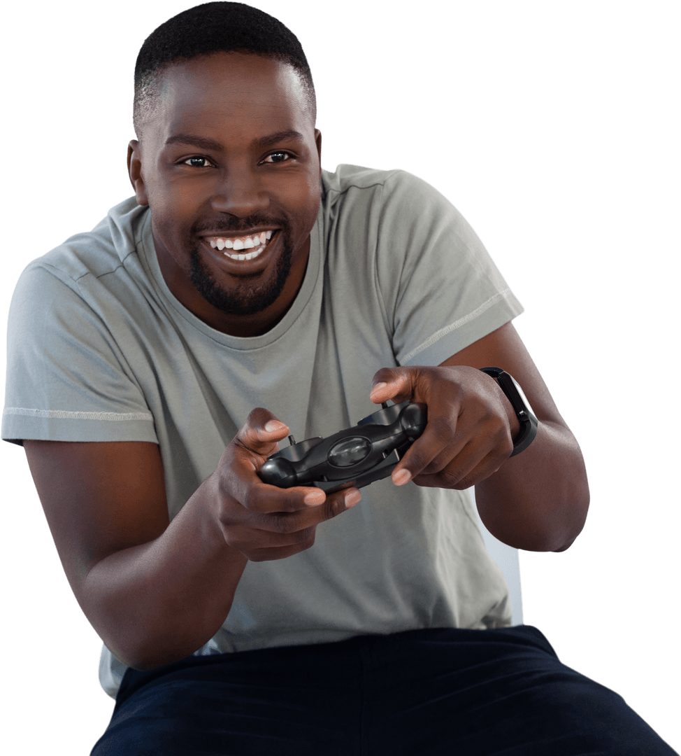 Joyful Gamer Enthusiast Playing Video Games on Transparent Background