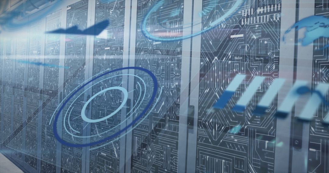 Futuristic Data Center with Circuit Board and Holographic Elements