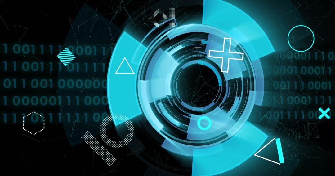 Futuristic Digital Interface with Blue Circles and Binary Code