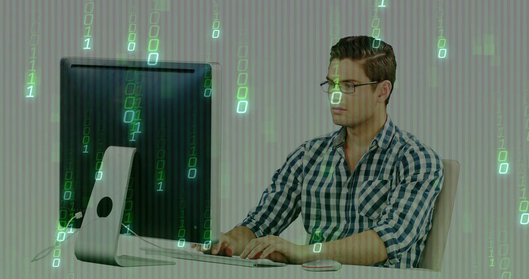 Programmer Businessman Engaged in Insightful Coding under Binary Rain