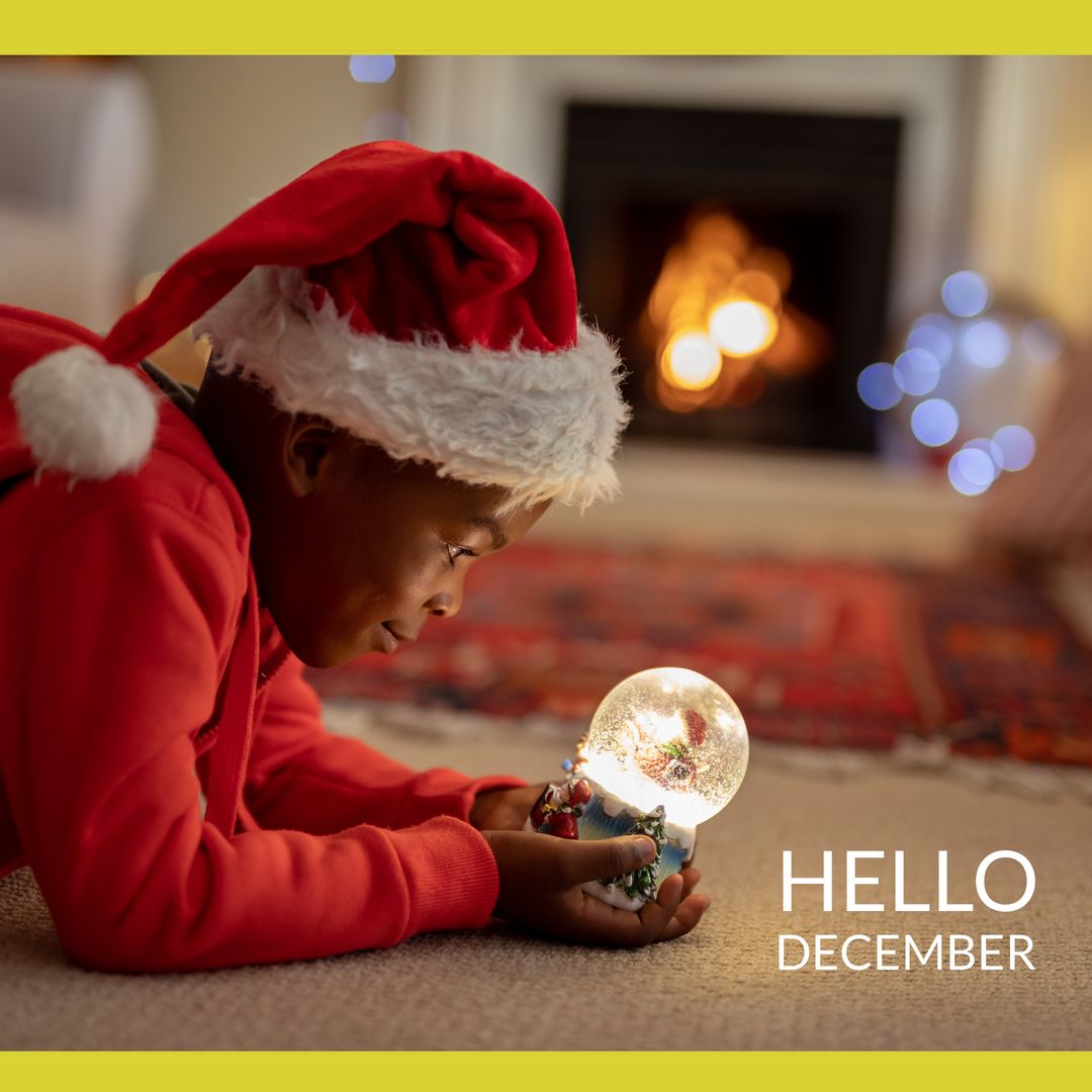 African American Boy with Snow Globe Celebrating Hello December - Download Free Stock Templates Pikwizard.com