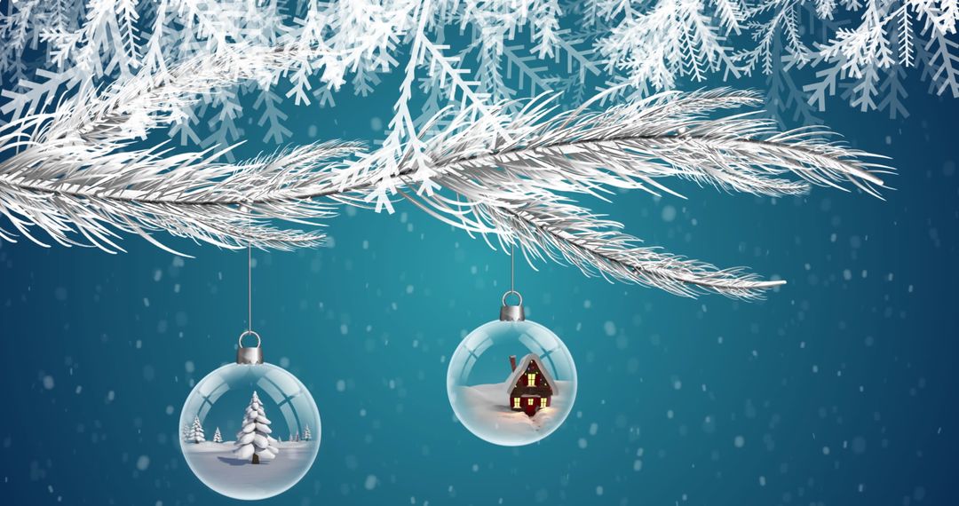 Christmas Baubles Hanging from Frosted Fir Tree Branch
