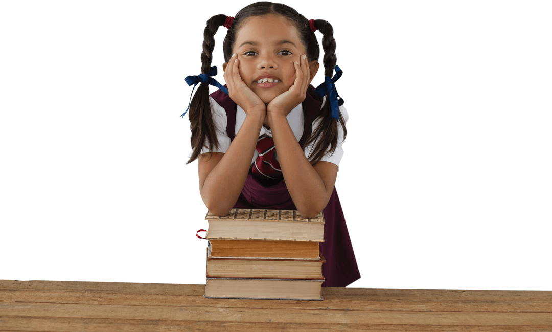 Cheerful Schoolgirl in Uniform Leaning on Books Transparent Cutout