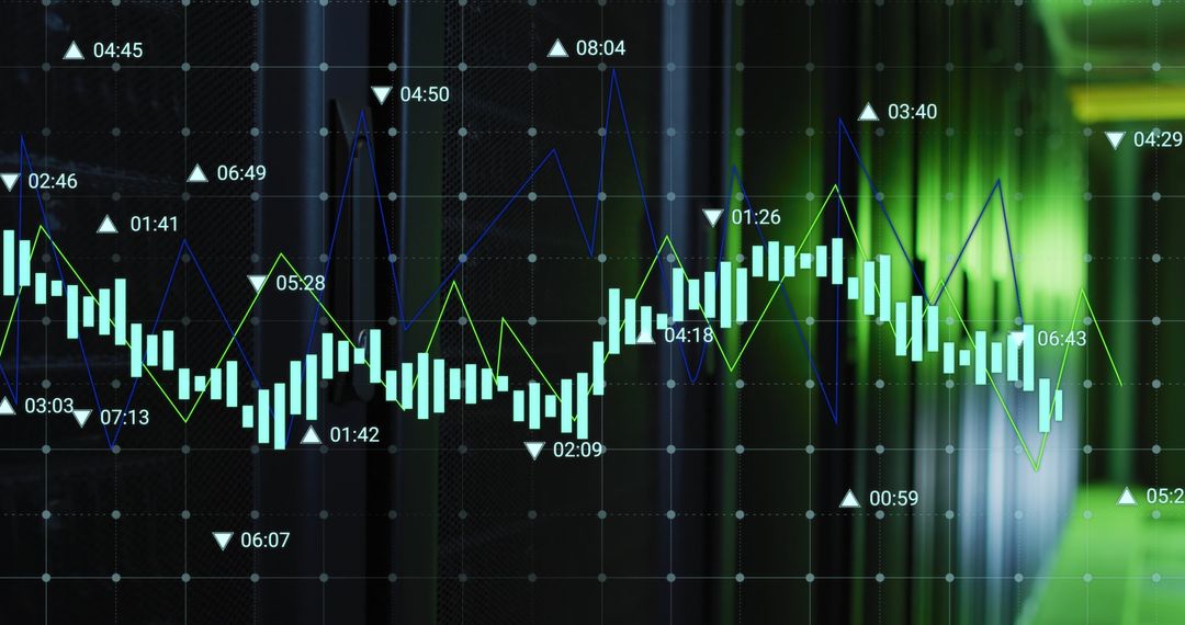 Financial Data Overlaid on Server Room Showing Business Growth
