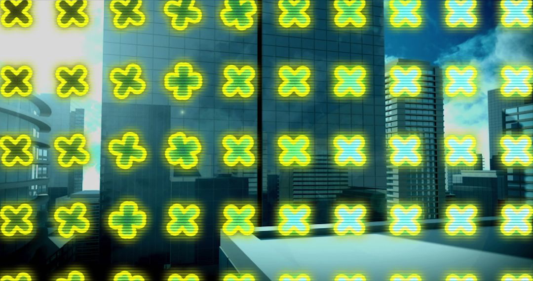 Digital X Marks Overlay Skyline Cityscape