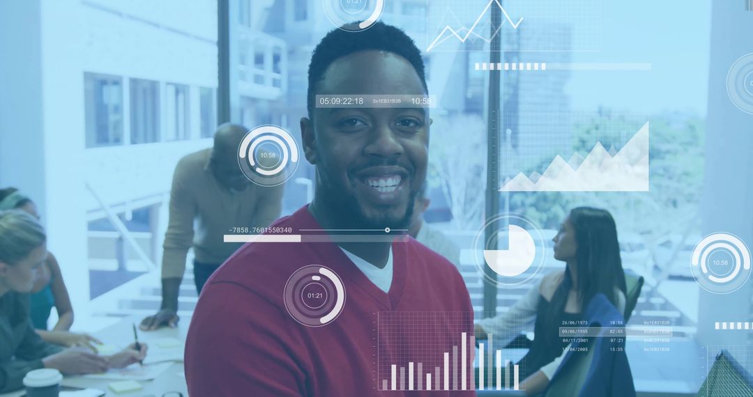 Smiling Professional in Tech-Enhanced Office with Analysts