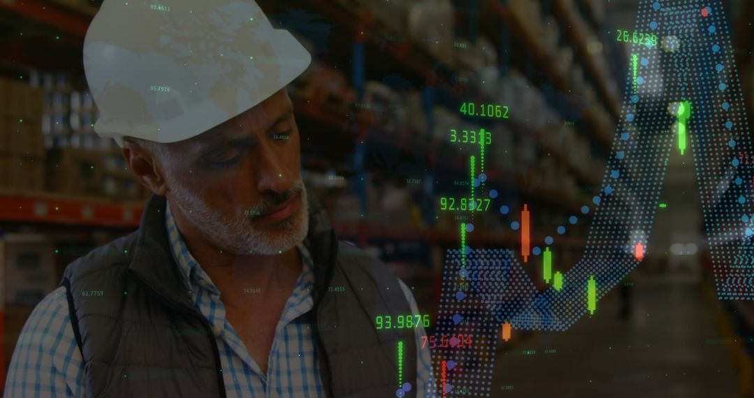 Warehouse Worker Analyzing Financial Graphs and Trends