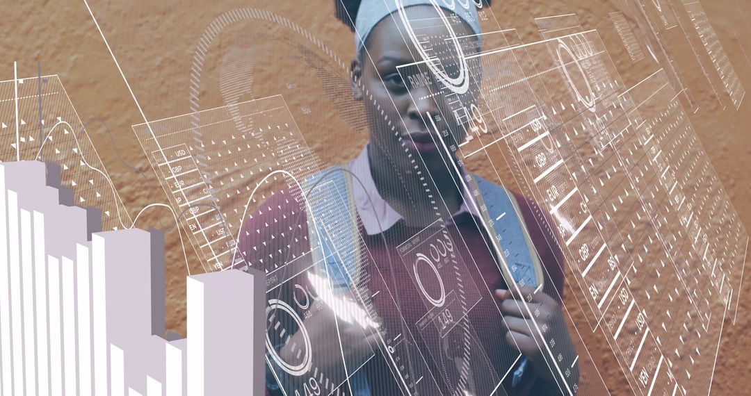 Student in Urban Environment with Futuristic Tech Overlays