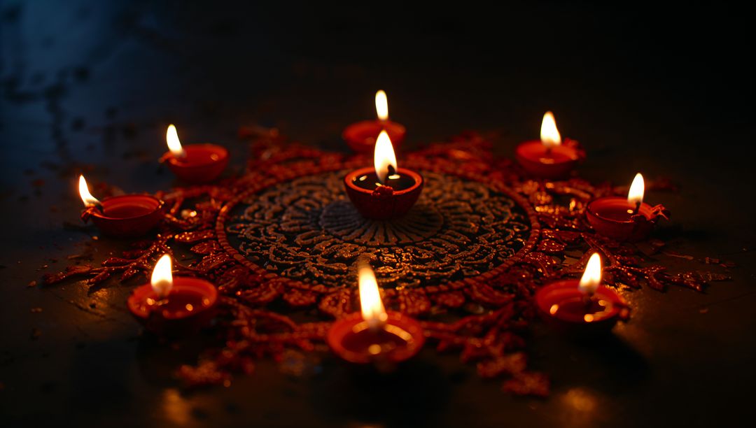 Clay Diyas Illuminating Colorful Rangoli During Festive Celebration