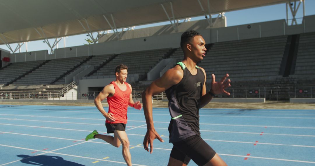 Two male athletes sprinting on race track in outdoor stadium - Free Images, Stock Photos and Pictures on Pikwizard.com