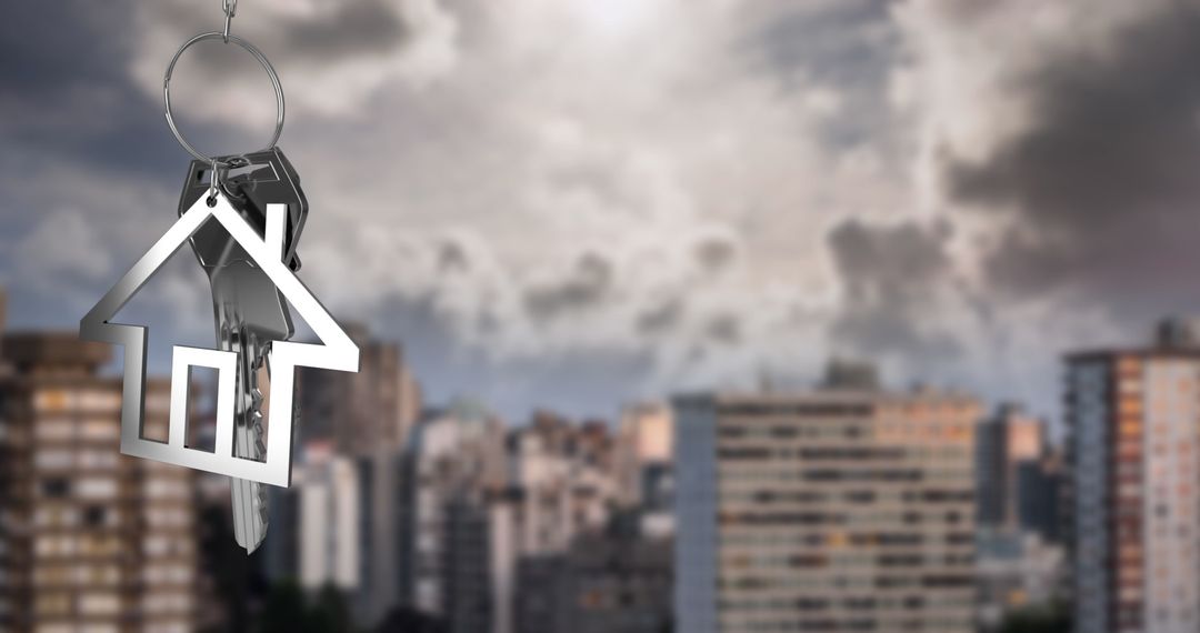 House-Shaped Keychain Above Urban Skyline Signifying Real Estate Concepts