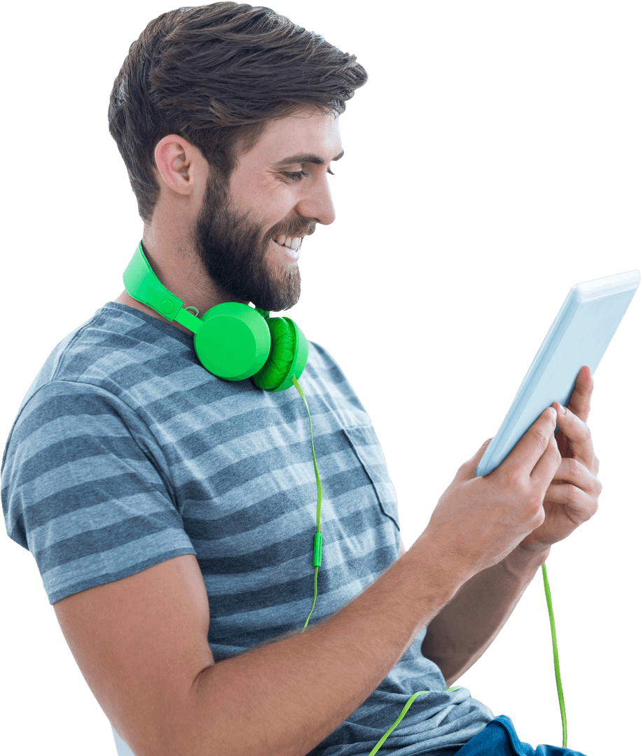 Caucasian Man Using Tablet with Green Headphones on Transparent Background