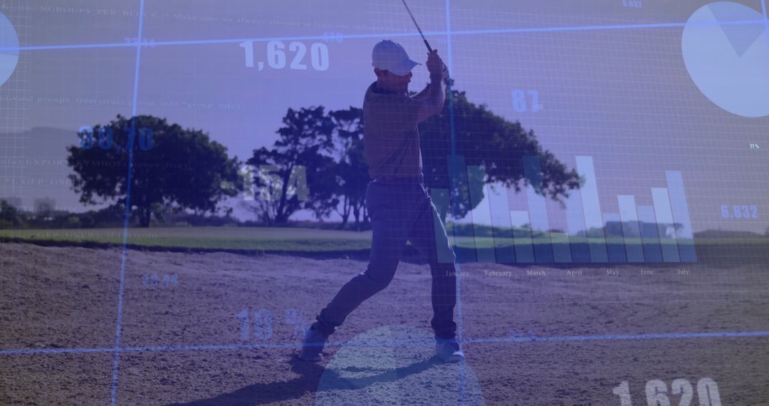 Golfer in Sand Bunker with Digital Data Overlay Outdoors