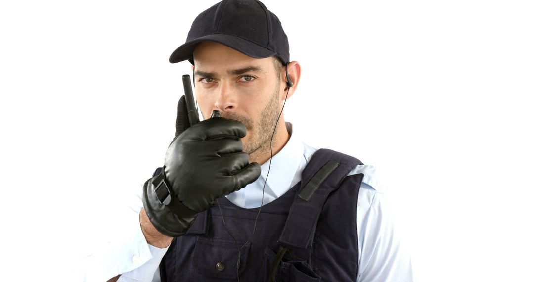 A serious-looking security guard is intently using a walkie-talkie, likely coordinating. - Free Images, Stock Photos and Pictures on Pikwizard.com