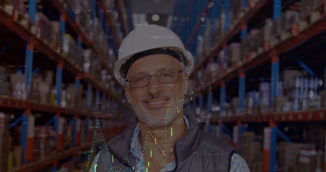 Smiling Warehouse Manager in Protective Helmet among Shelves of Inventory - Free Images, Stock Photos and Pictures on Pikwizard.com