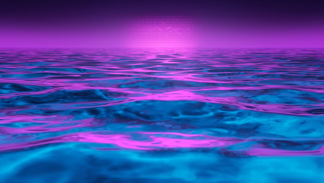 Neon Ocean Rippling Under Magenta Orb Grid Horizon, Synthwave Cyan Waves and Glowing Light