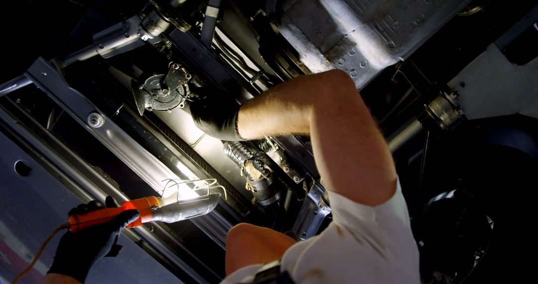 Mechanic Inspecting Car Under Chassis with Work Light - Free Images, Stock Photos and Pictures on Pikwizard.com