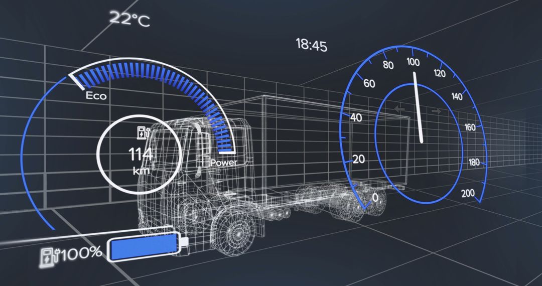 Futuristic Truck Wireframe with Digital Dashboard Interfaces