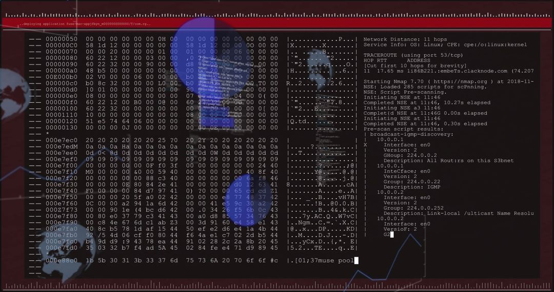 Cybersecurity Data Analysis Screen with Hex Dump and Network Scan