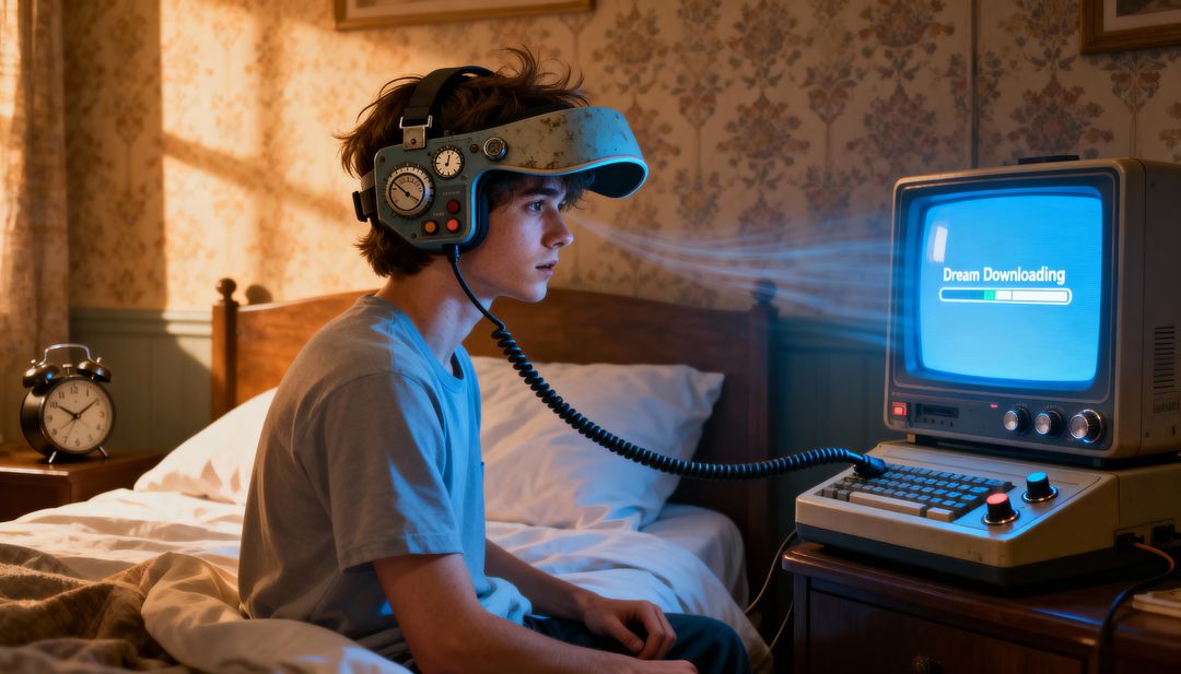 Teen Wearing Retro Dream-Downloading Headgear Connecting to Vintage CRT Computer