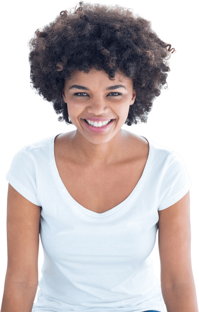 Happy Biracial Woman Smiling with Afro on Transparent Background