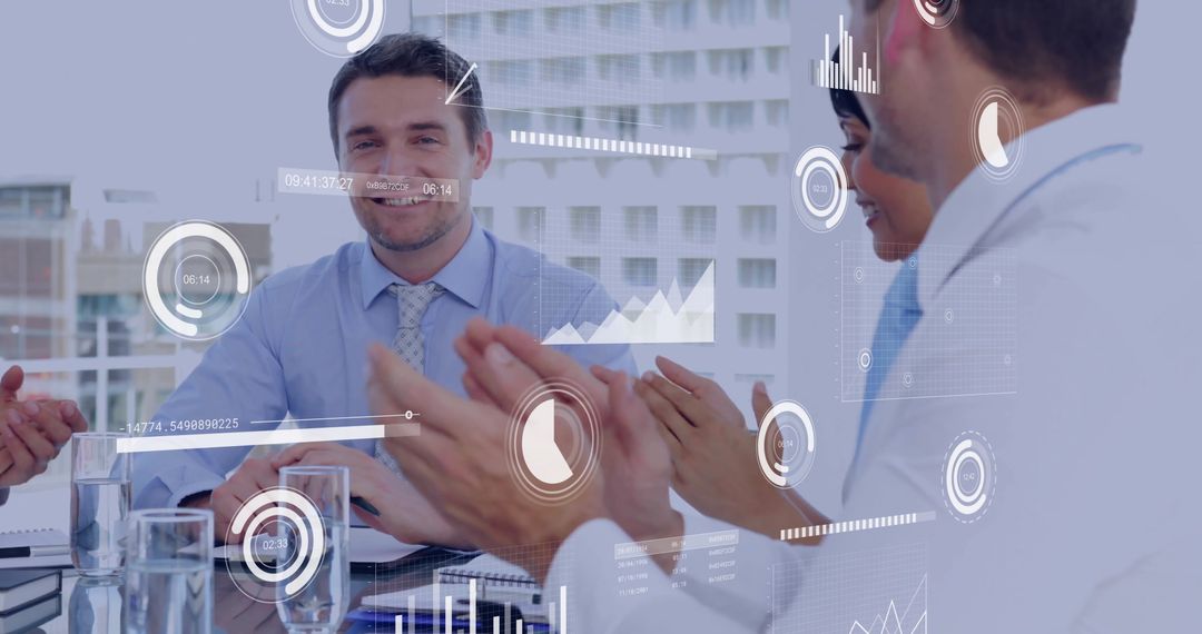 Business Team Applauding Over Augmented Reality Financial Data