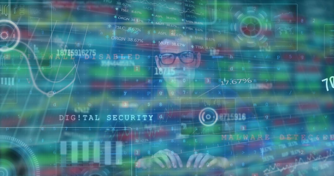 Cybersecurity Specialist Analyzing Digital Interface with Data Graphics