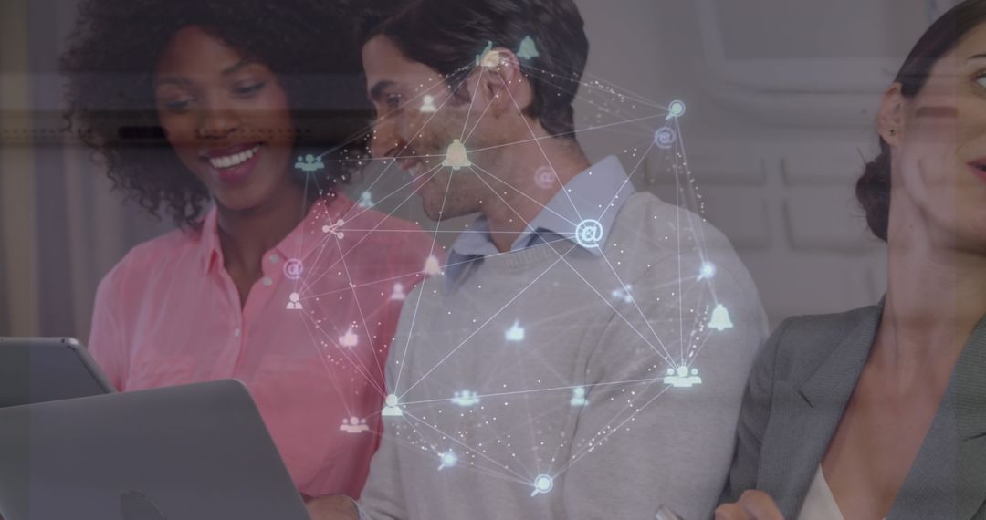 Diverse Professionals Collaborating with Technology Overlays