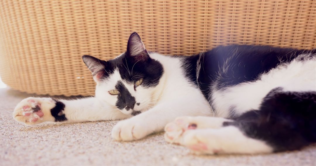 Black and White Cat Relaxing on Carpet in Sunlit Room