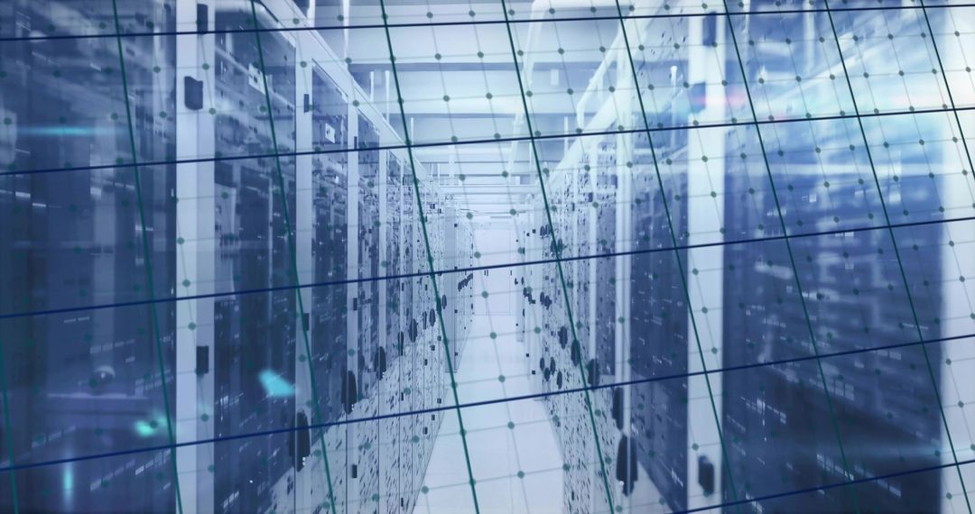 Futuristic Data Center Server Racks with Network Connection Overlay