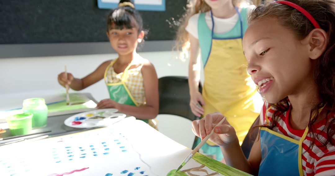 Children Enthusiastically Painting in Classroom Art Activity